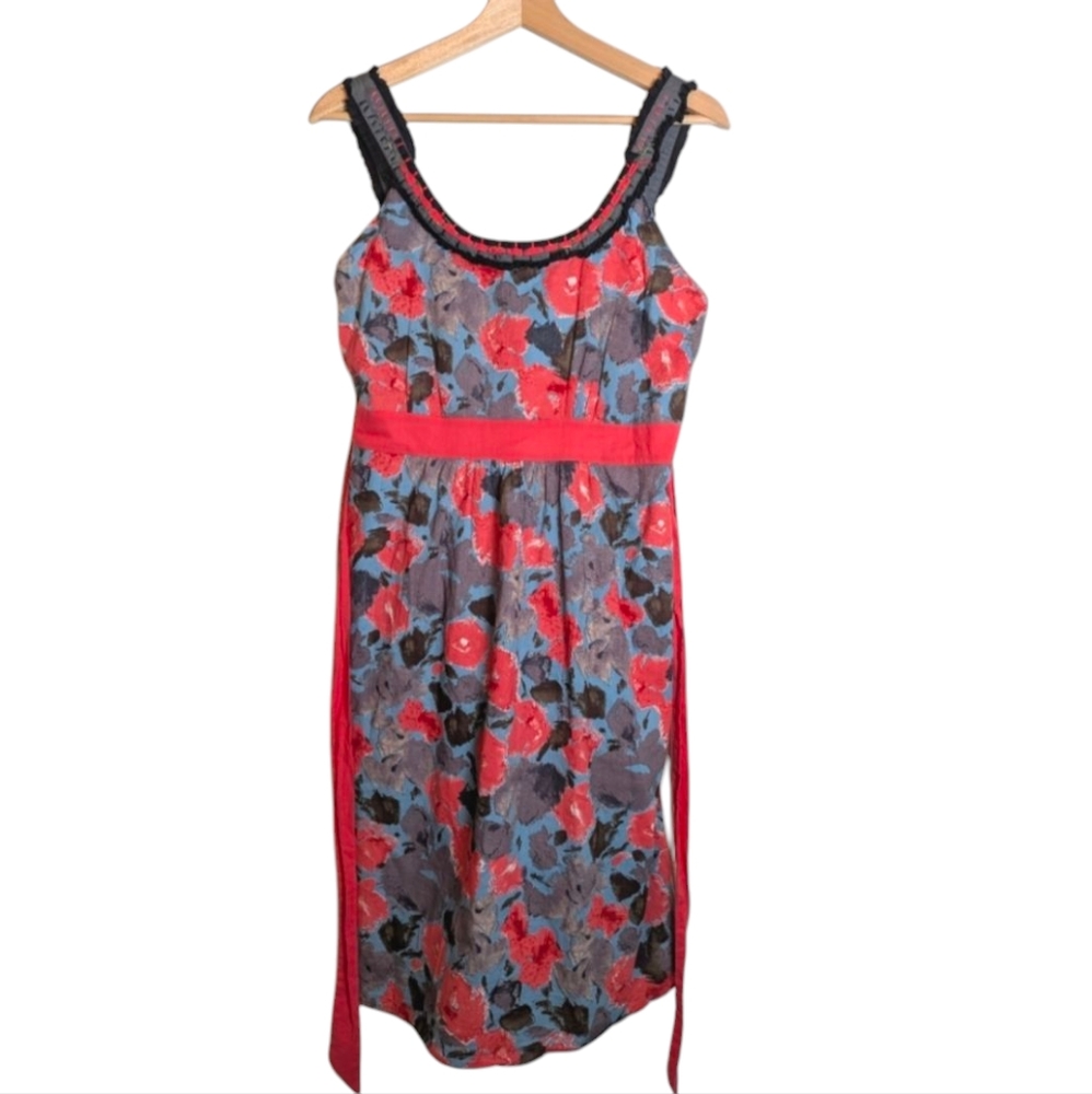 DownEast Watercolor Floral Tank Dress Smocked Back Ruffle Strap Tie Waist XL